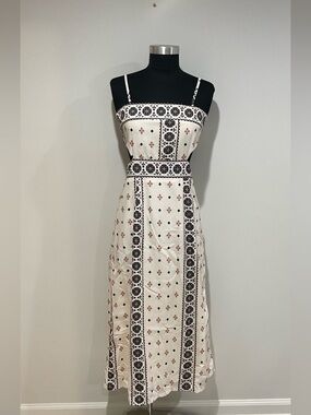 White Spaghetti-Strap Maxi Dress with Brown and Black Design
